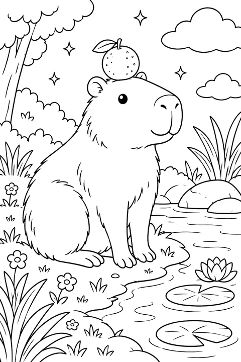 Calm capybara with an orange balanced on its head by a pond coloring page