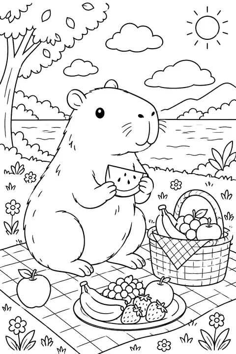 Capybara with fruit on a picnic blanket coloring page