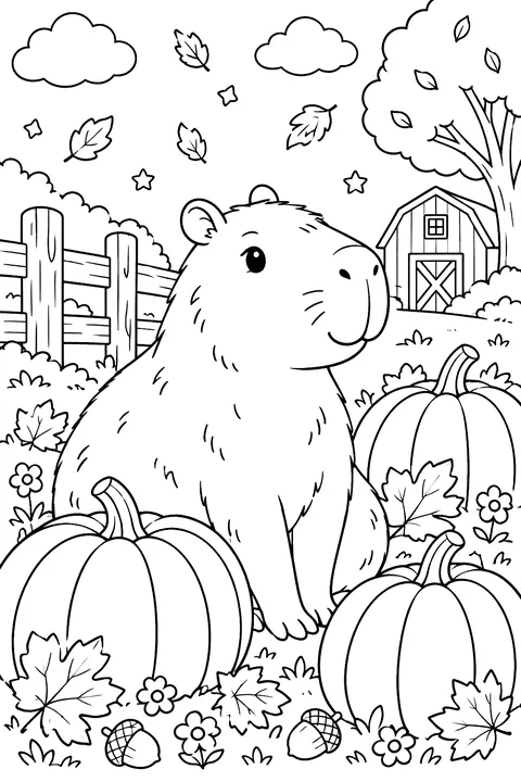 Capybara among pumpkins in autumn coloring page
