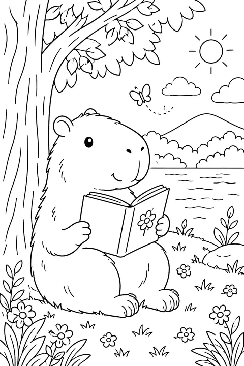 Capybara reading a book under a tree coloring page