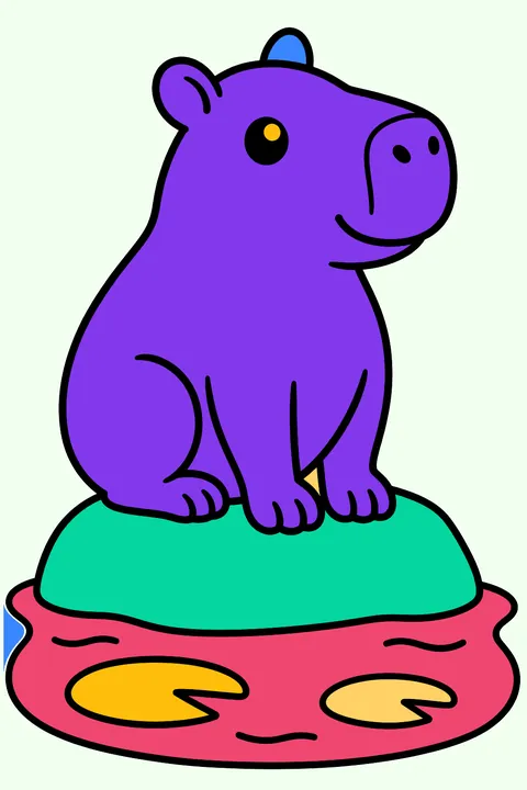 Capybara sitting on a rock beside a pond with lily pads coloring page