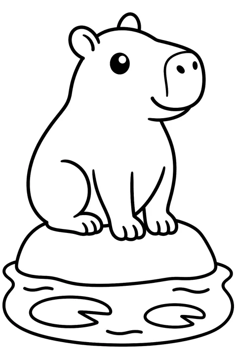 Capybara sitting on a rock beside a pond with lily pads coloring page