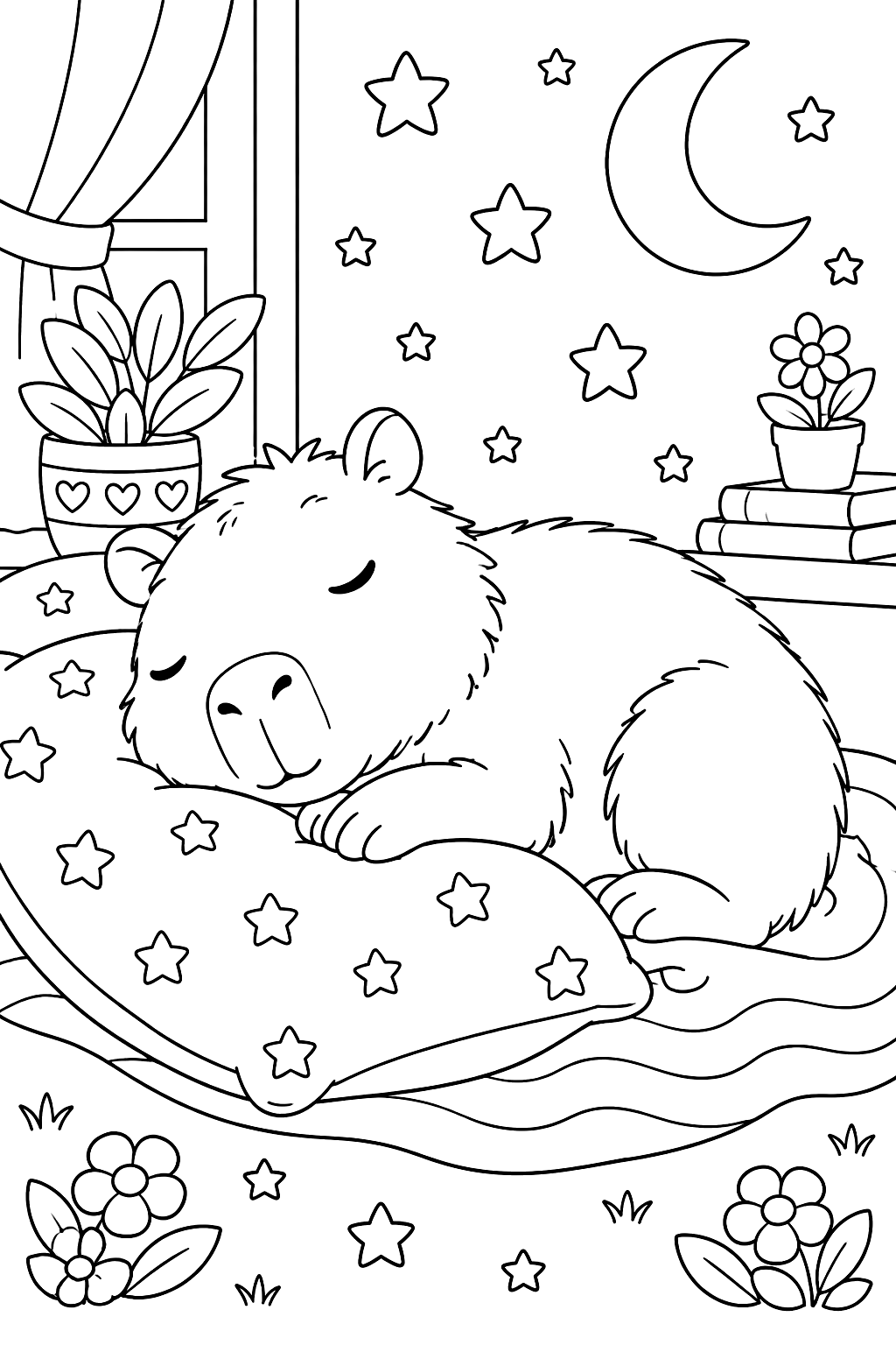 Capybara sleeping on a pillow surrounded by stars coloring page