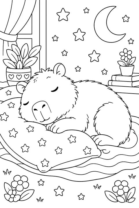 Capybara sleeping on a pillow surrounded by stars coloring page