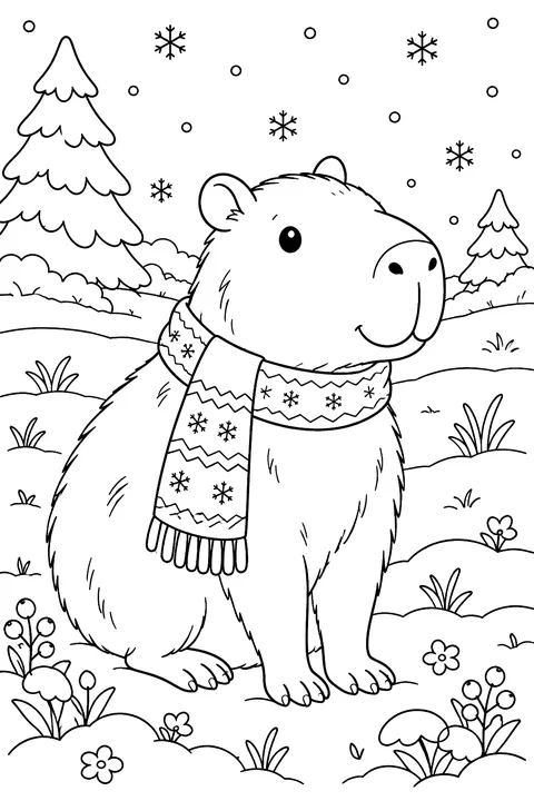 Capybara in a scarf in a snowy field coloring page