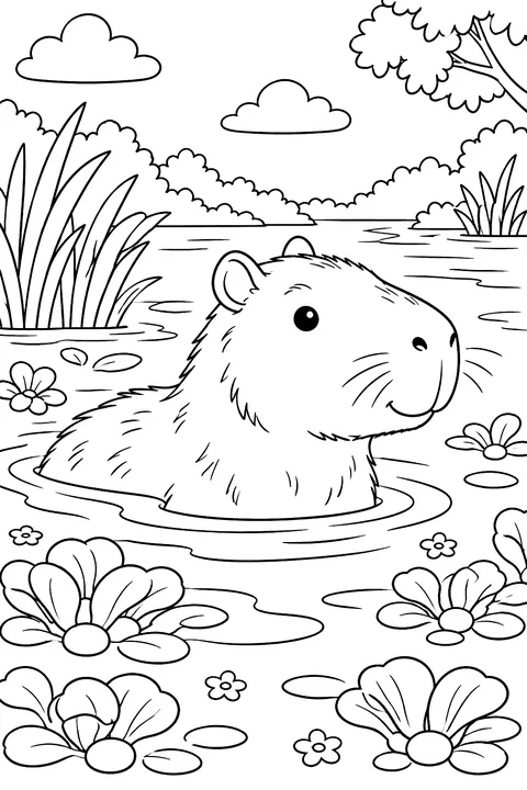 Capybara swimming in a river with water plants coloring page