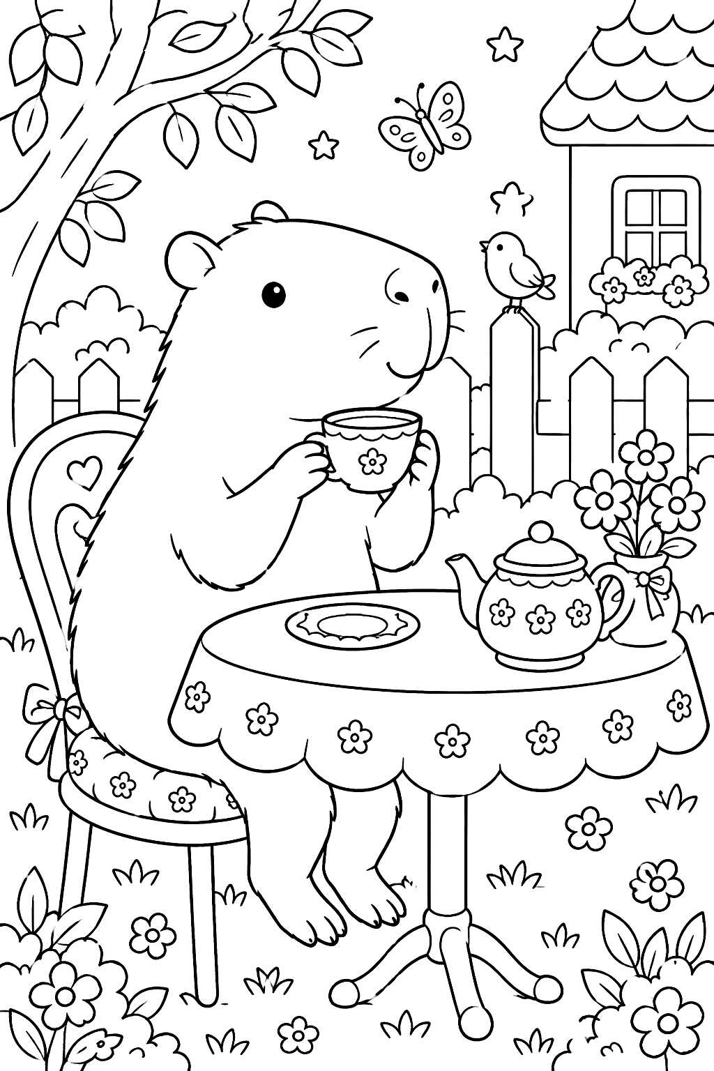 Capybara drinking tea at a little table coloring page