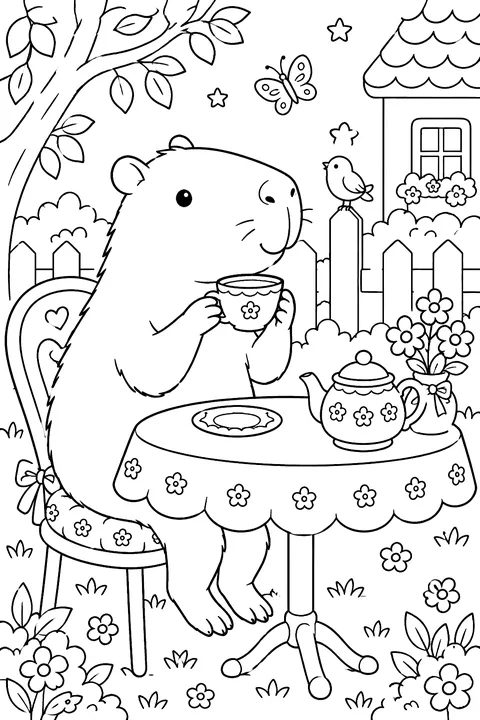 Capybara drinking tea at a little table coloring page