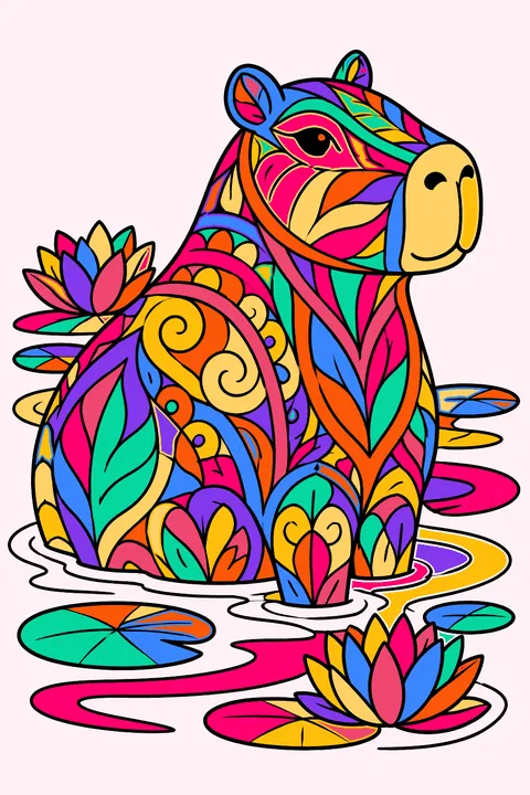 Capybara with zentangle patterns in a patterned pond coloring page