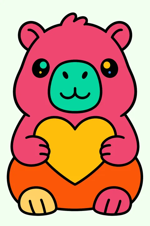 Kawaii capybara holding a heart coloring page