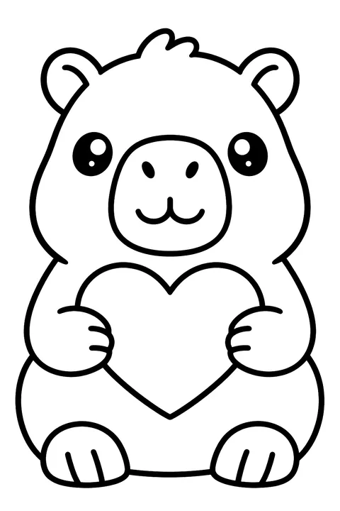Kawaii capybara holding a heart coloring page