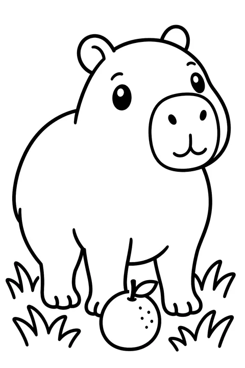 Capybara standing in grass with a small orange coloring page