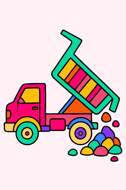 Dump truck tipping its bed to unload rocks coloring page