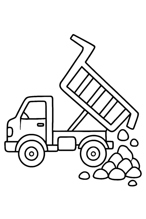 Dump truck tipping its bed to unload rocks coloring page