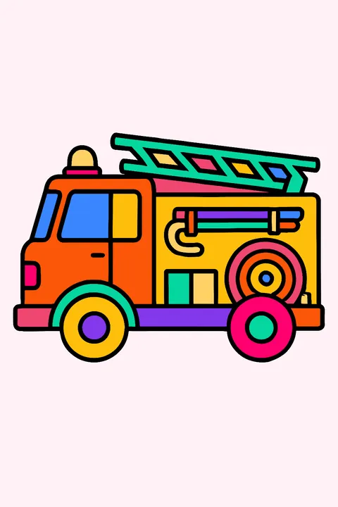 Fire truck with a ladder on top and a hose reel coloring page