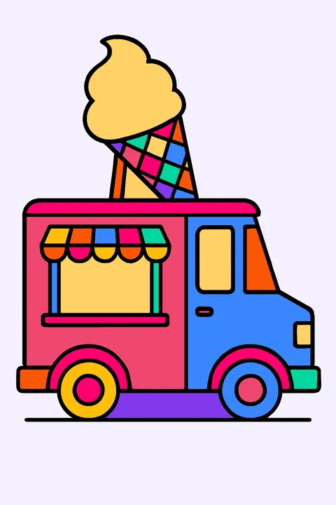 Ice cream truck with a giant cone on the roof and a serving window coloring page