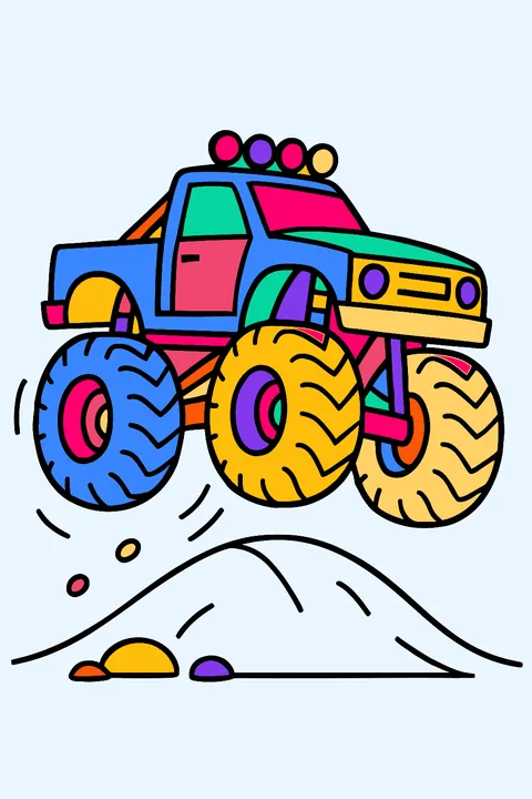 Monster truck with giant tires jumping over a dirt hill coloring page