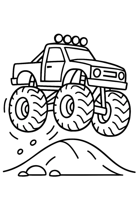 Monster truck with giant tires jumping over a dirt hill coloring page