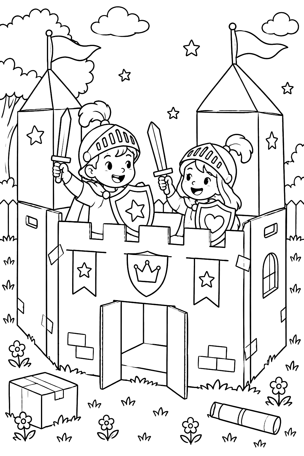 Cardboard box castle with two kids playing knights inside coloring page