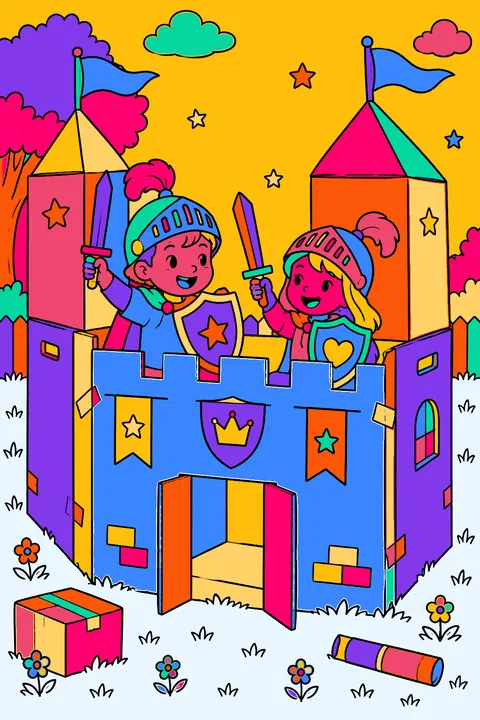 Cardboard box castle with two kids playing knights inside coloring page