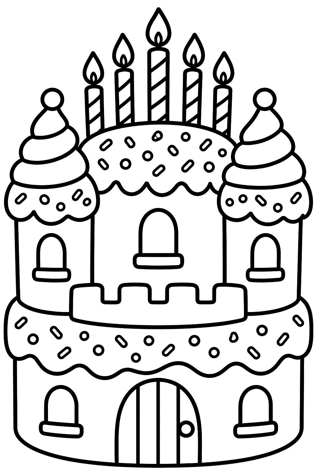 Castle cake with frosting towers, sprinkles and birthday candles on top coloring page