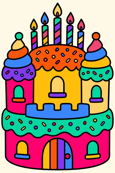 Castle cake with frosting towers, sprinkles and birthday candles on top coloring page