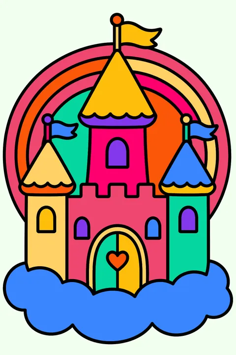 Castle floating on a fluffy cloud with a rainbow behind it coloring page
