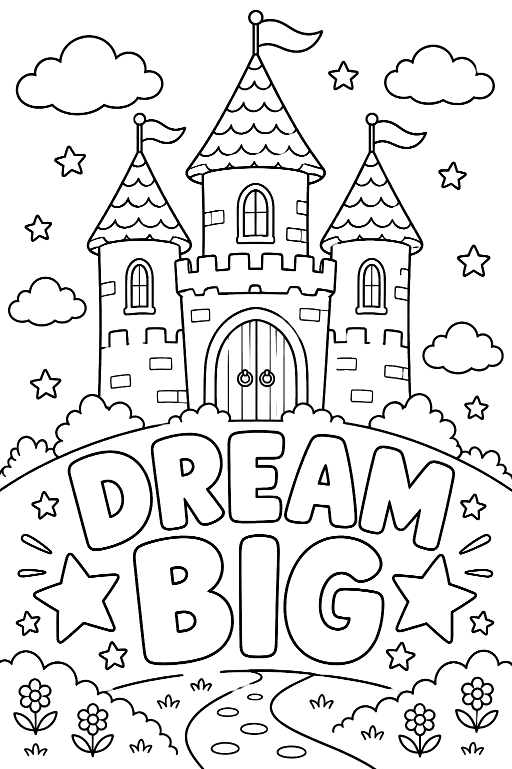 Castle above the words dream big in big outline letters with stars coloring page