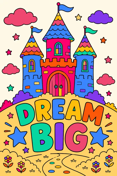 Castle above the words dream big in big outline letters with stars coloring page