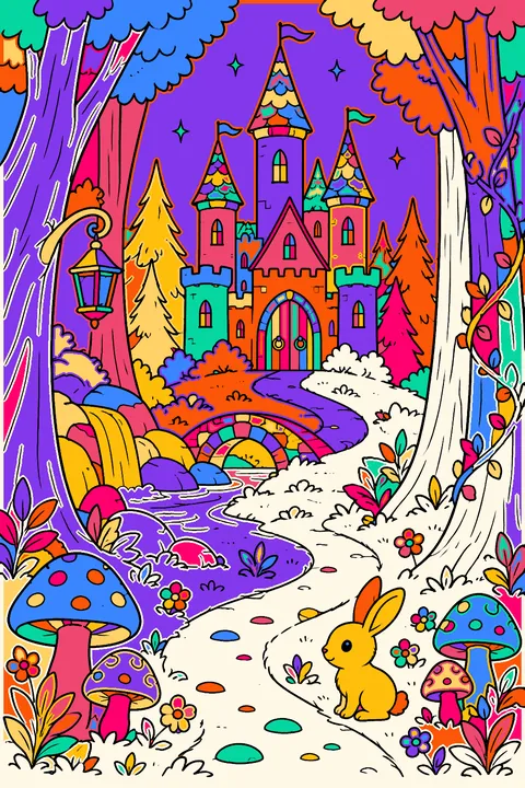 Castle in an enchanted forest with tall trees, mushrooms and a winding path coloring page