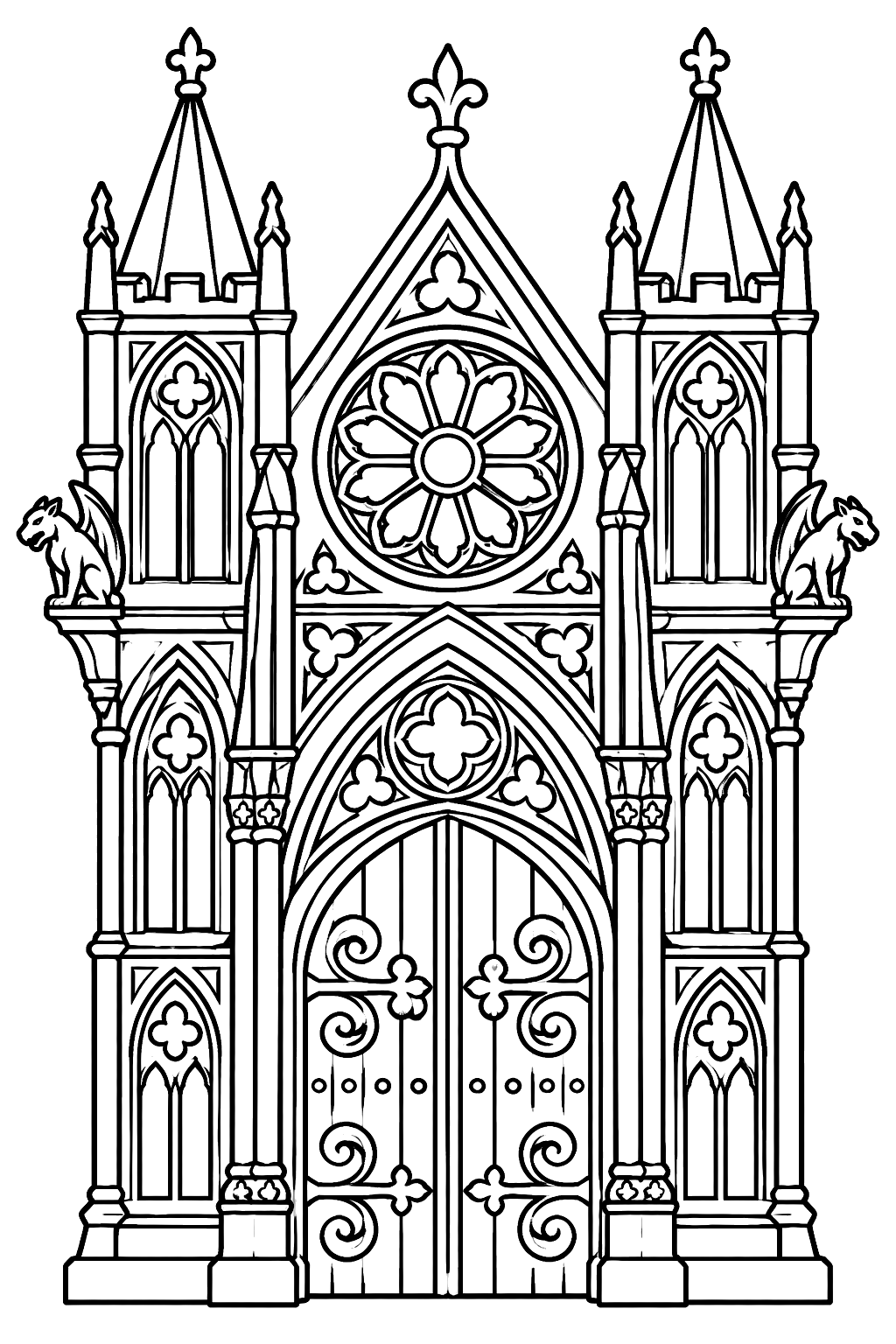 Castle gate in ornate gothic style with arches, rose windows and carved stonework coloring page
