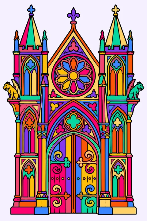 Castle gate in ornate gothic style with arches, rose windows and carved stonework coloring page