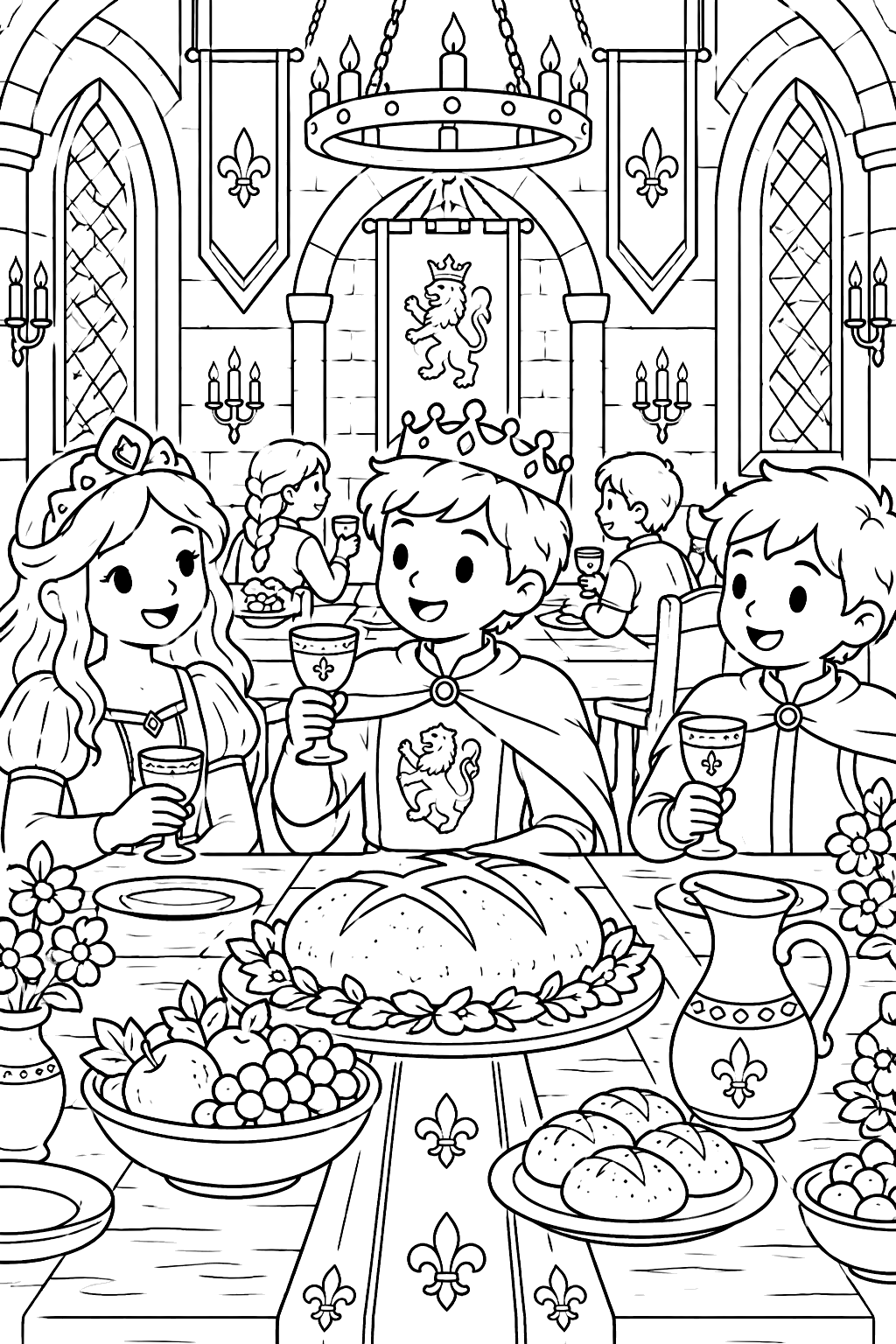 Castle feast in a great hall with long tables, bread and goblets coloring page