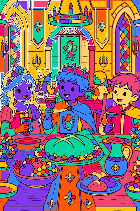 Castle feast in a great hall with long tables, bread and goblets coloring page