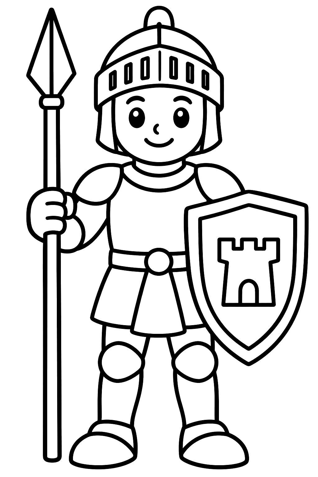 Castle guard knight standing tall with a shield and a long spear coloring page