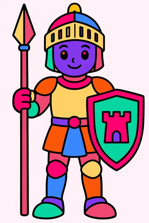 Castle guard knight standing tall with a shield and a long spear coloring page