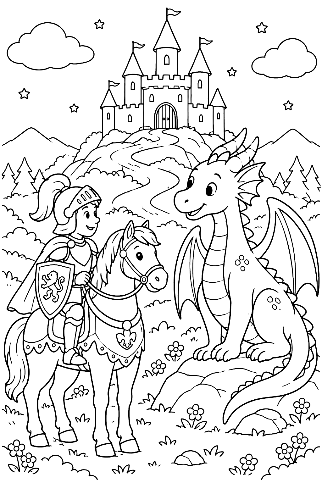 Castle on a hill with a knight on horseback and a friendly dragon coloring page