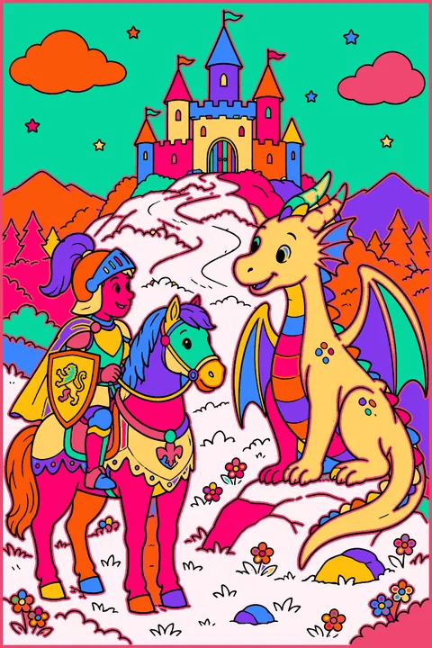 Castle on a hill with a knight on horseback and a friendly dragon coloring page