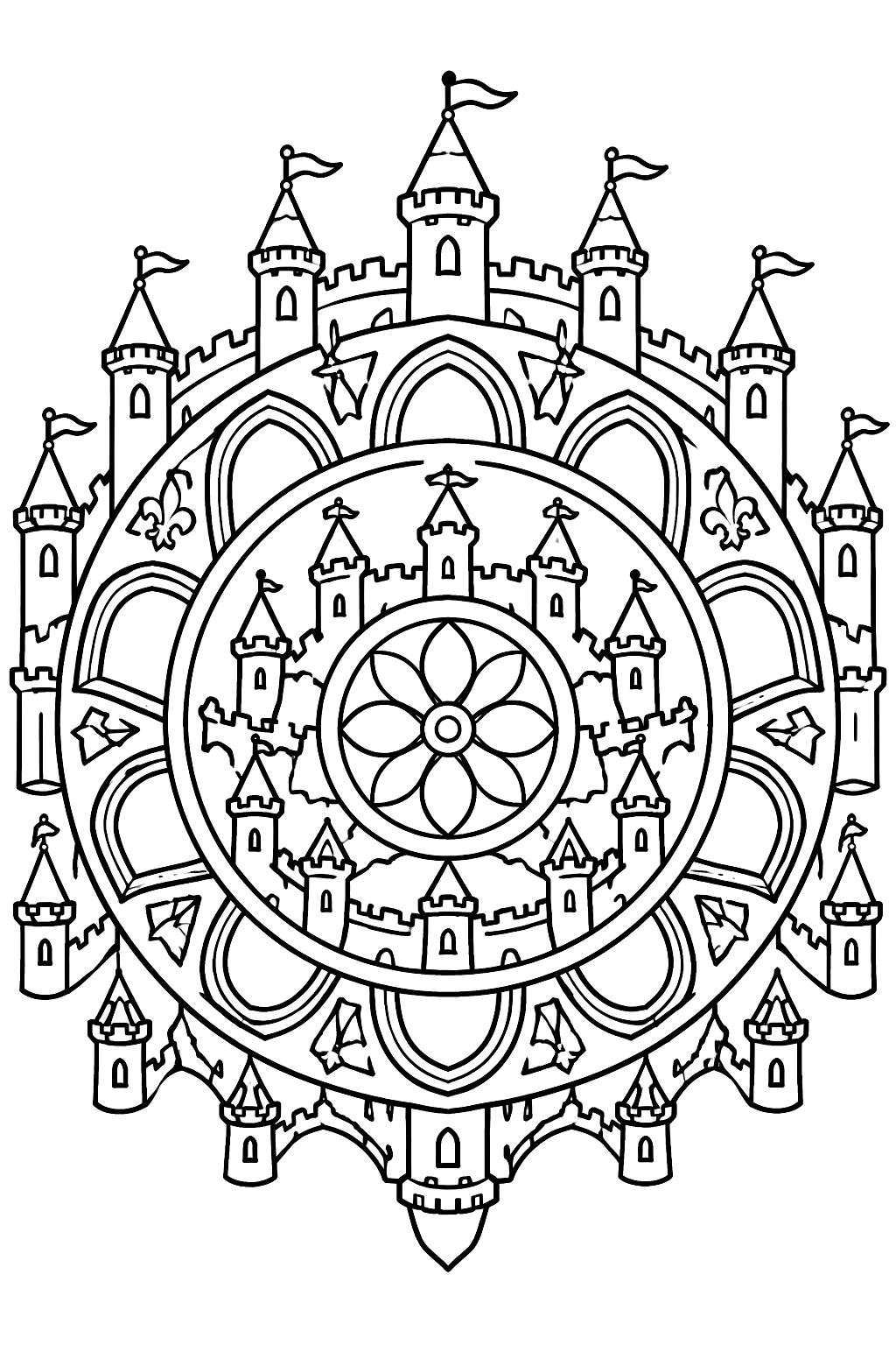 Castle mandala with tiny turrets, flags and ornate stone arches in rings coloring page