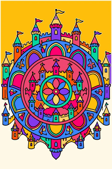 Castle mandala with tiny turrets, flags and ornate stone arches in rings coloring page