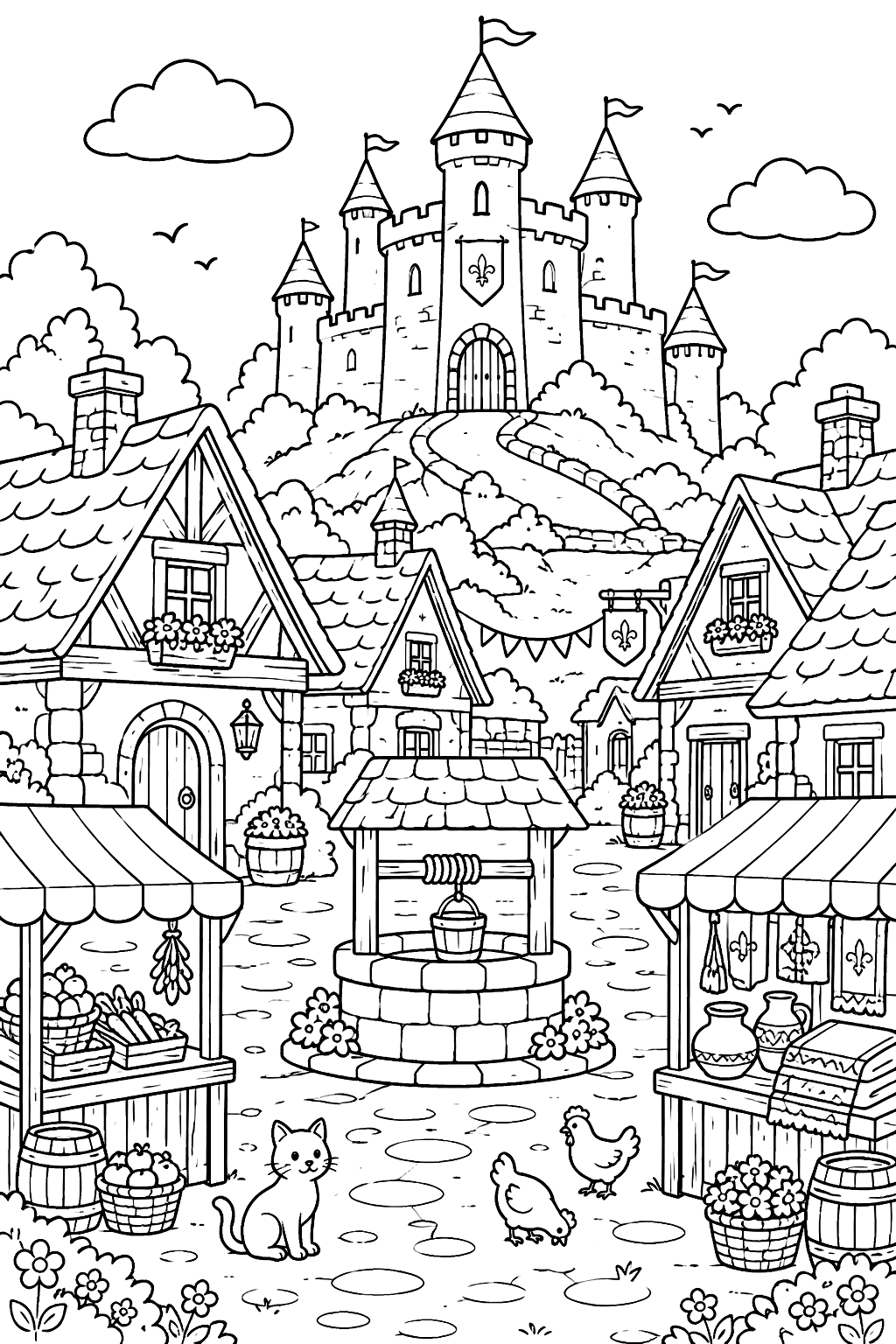 Castle above a medieval village with cottages, a well and market stalls coloring page