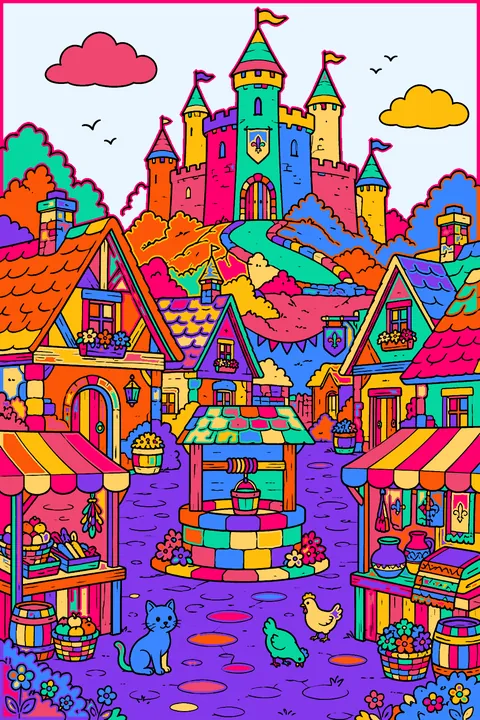 Castle above a medieval village with cottages, a well and market stalls coloring page