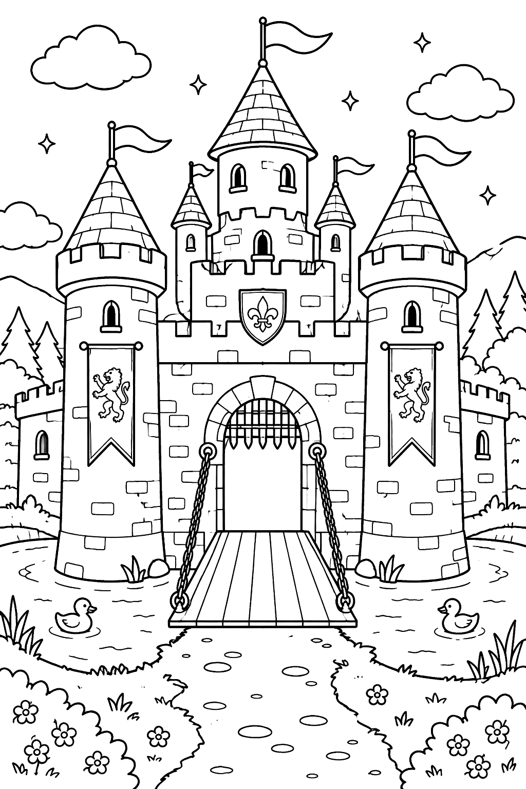 Castle with a moat, lowered drawbridge, stone walls and banners coloring page