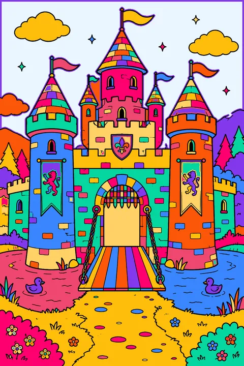 Castle with a moat, lowered drawbridge, stone walls and banners coloring page