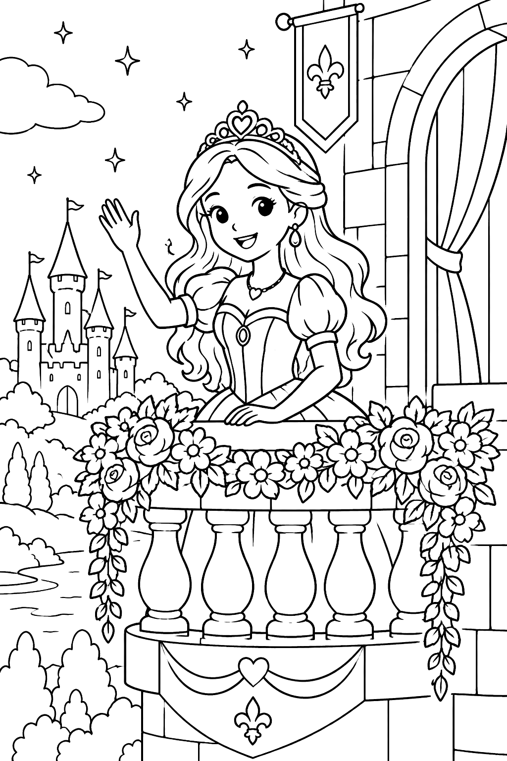 Castle balcony with a princess waving and flowers along the railing coloring page