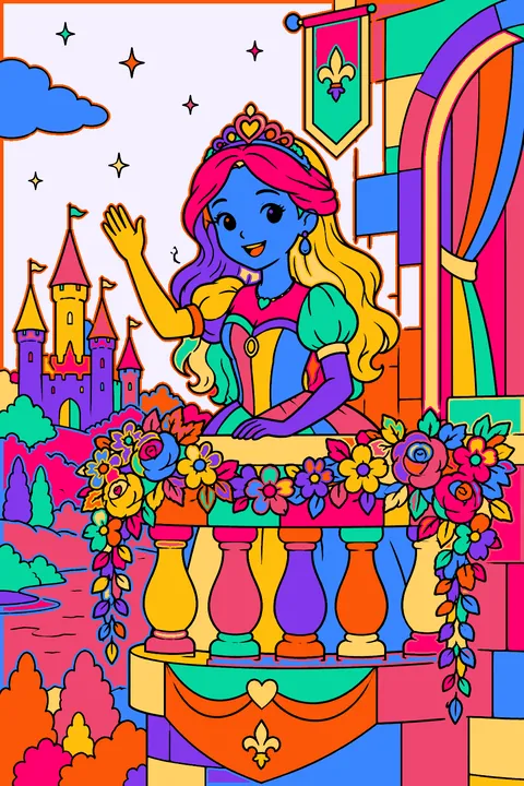 Castle balcony with a princess waving and flowers along the railing coloring page