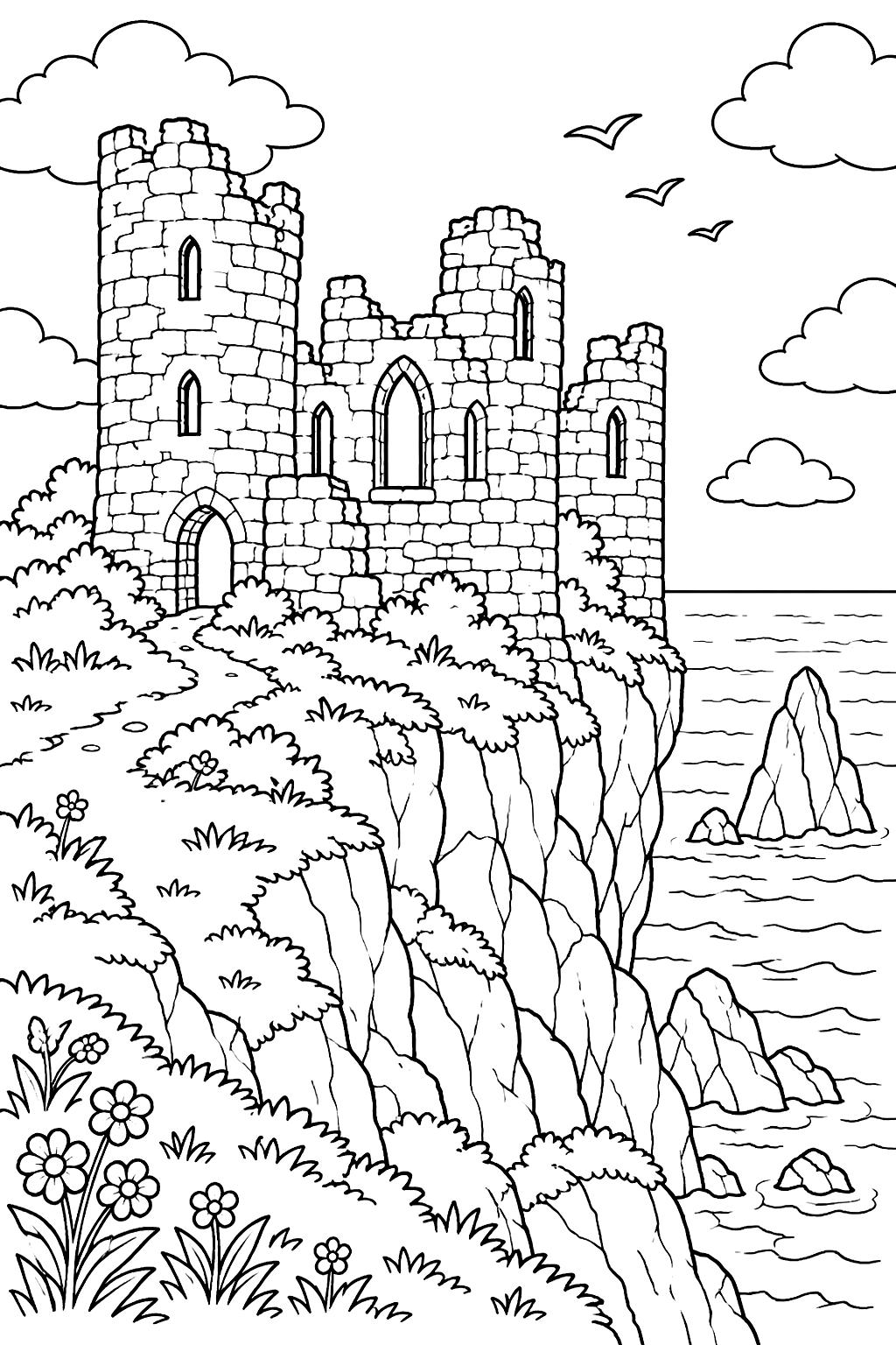 Castle ruins drawn realistically, a stone castle on a cliff above the sea coloring page