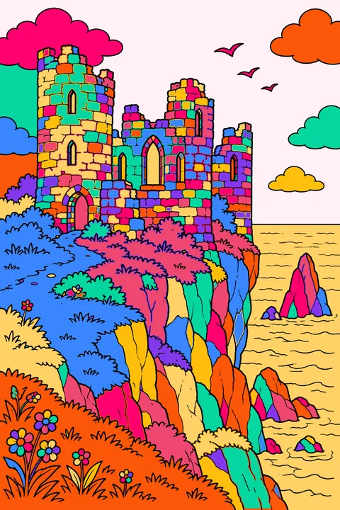 Castle ruins drawn realistically, a stone castle on a cliff above the sea coloring page