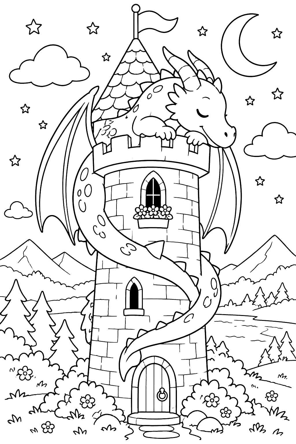Castle tower with a sleepy dragon curled around it at night coloring page