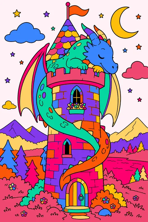 Castle tower with a sleepy dragon curled around it at night coloring page